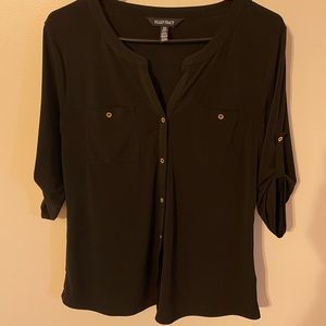 Ellen Tracy black button down shirt with gold detail